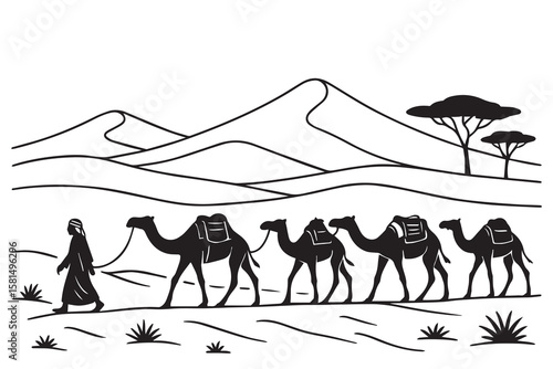 Black and white vector of a desert scene with camels and their owner, outlined in bold black lines, capturing nomadic life and vast landscapes.

