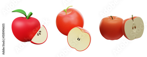 Set of vector 3d apple in various angle and style for design