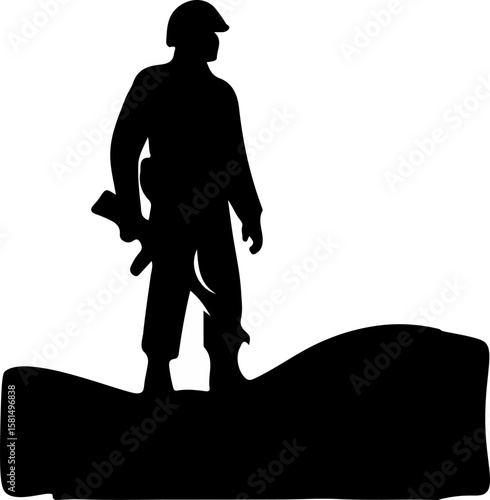 Silhouette of a soldier standing tall on a hill, gripping a rifle with a vigilant stance. Perfect for themes of strength, patriotism, security, and battlefield symbolism in vector designs.