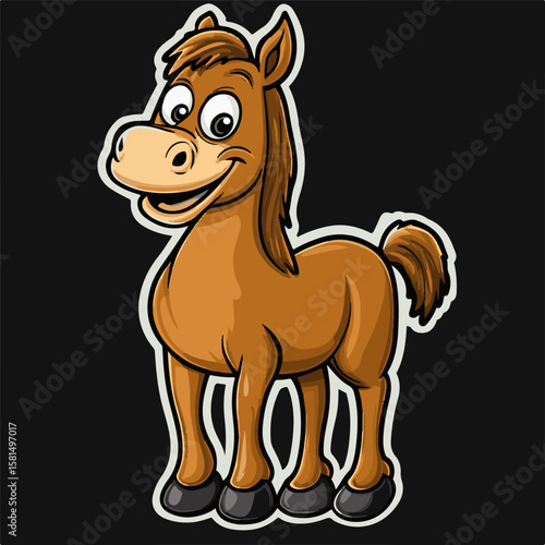 Cartoon Horse Design A high-resolution vector illustration featuring a friendly brown cartoon horse standing on a dark background.