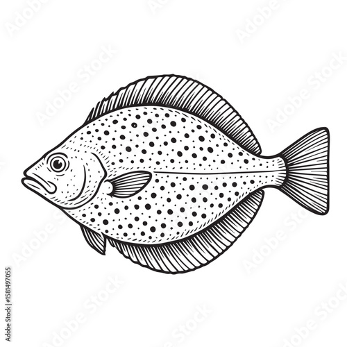 A flounder fish in black and white vector art, defined by strong black outlines, ideal for educational or decorative underwater illustrations.

