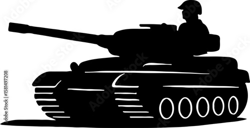 Silhouette of an armored military tank with a soldier in the turret, emphasizing power, warfare machinery, and battlefield readiness. Ideal for combat, defense, and tactical-themed vector designs