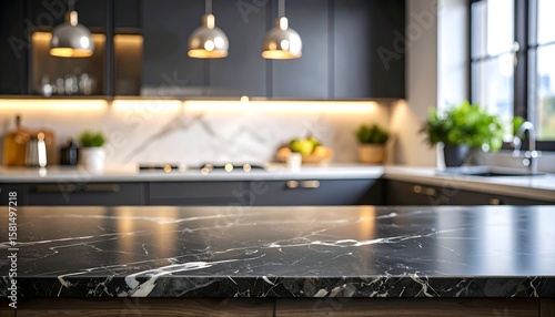 Modern empty dark marble table top with copy space on a blurry kitchen background. Luxurious countertop for product display, mockup, or presentation.