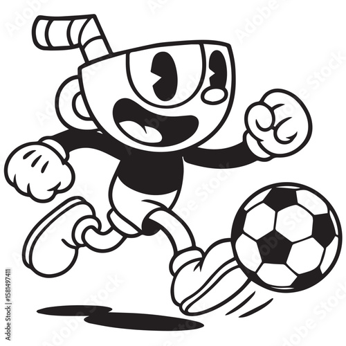 A black and white vector cartoon of a soccer player kicking the ball, outlined in bold black lines, energetic and dynamic.

