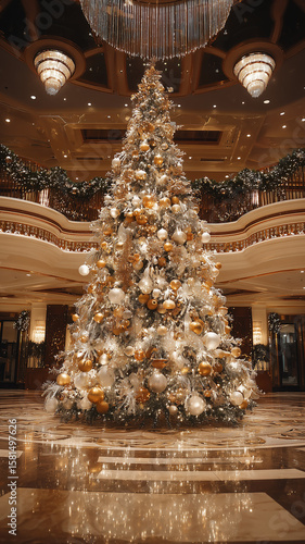Glamorous Christmas tree in a luxury hotel lobby