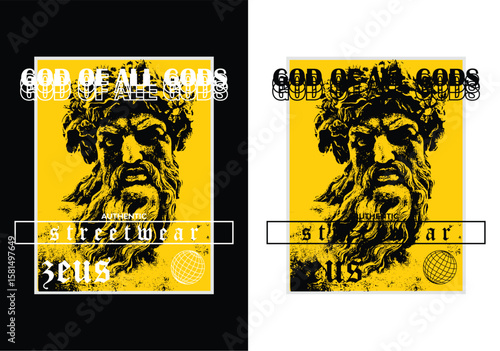 Zeus in Streetwear Style: A striking artwork presents the formidable Zeus, reimagined in a contemporary streetwear aesthetic. The god, depicted in a bold, artistic style against a background.
