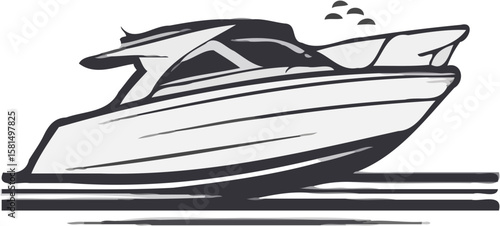 A stylized illustration of a motorboat gliding across the water, with a sleek design.