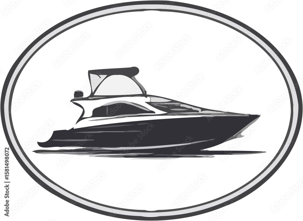 Naklejka premium Monochromatic sketch of a speedboat in an oval frame.