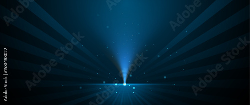 Vector illustration blue light ray, stage scene for luxury poster, template premium award design. Abstract elegant dark blue, glow glitter, lighting effect sparkle on black background