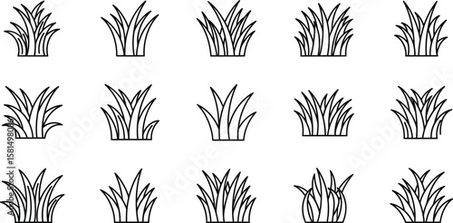 Vector art of a collection of grass icons, each representing a unique tuft of green, meticulously designed in a minimalist line art style 