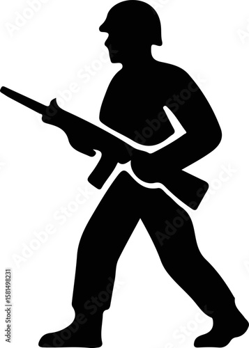 Silhouette of upright soldier holding rifle in high-alert posture. Ideal for guard, defense, and tactical-themed visuals