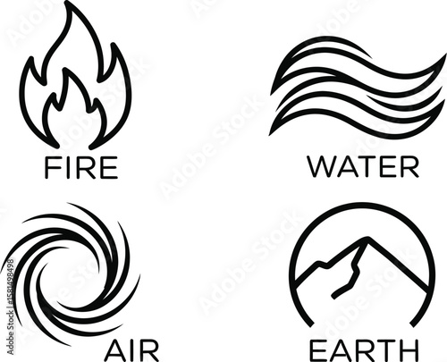 Vector art of four elements symbols representing fire, water, air, and earth isolated on white background