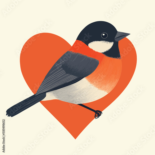 little bullfinch look like heart, vector style simple color
