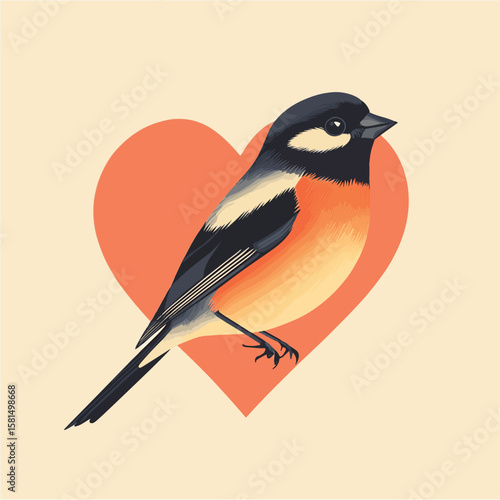 little bullfinch look like heart, vector style simple color
