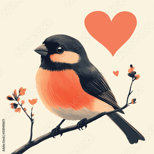 little bullfinch look like heart, vector style simple color