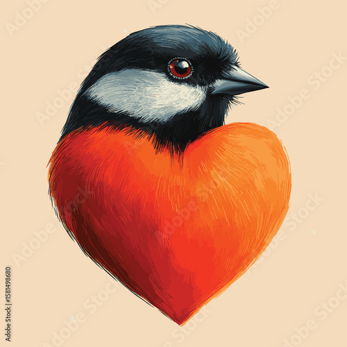 little bullfinch look like heart, vector style simple color