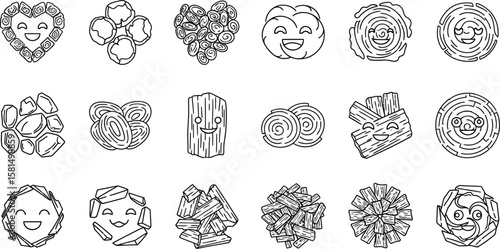 Vector art of a collection of wood and log icons with happy faces, 