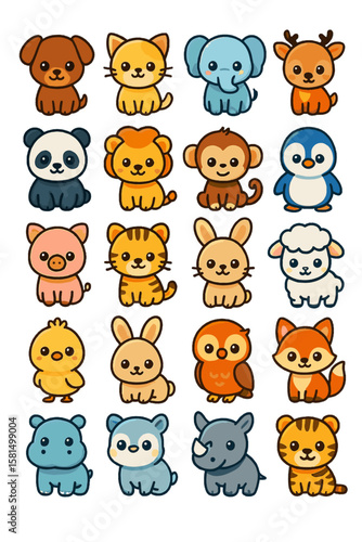 cute cartoon baby animals icons set