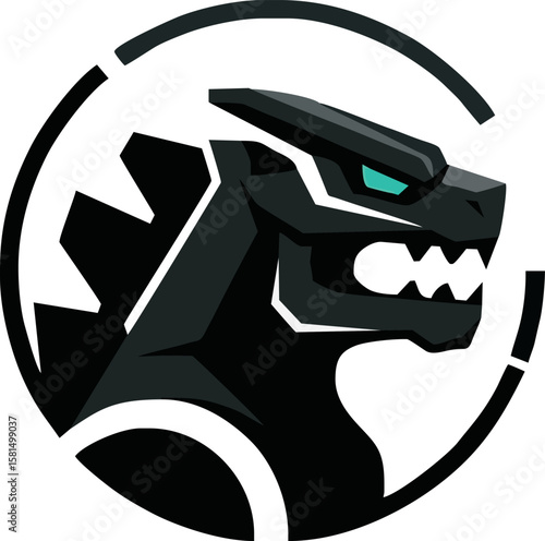 A modern, stylized logo of an aggressive, robotic monster head in profile, featuring sharp teeth and a glowing cyan eye within a circular frame.