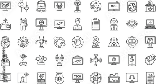 Vector art of a comprehensive set of minimalist tech icons, representing various aspects of modern technology and digital communication