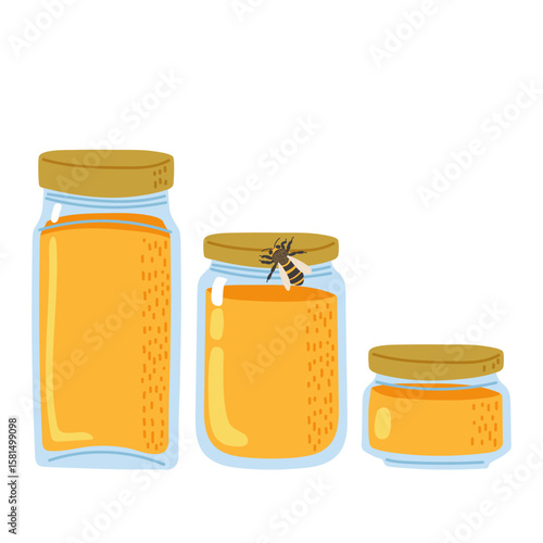 Honey jars of varying sizes with a bee illustration in a simple design