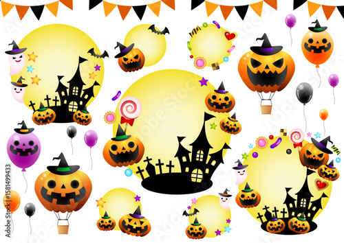 ハロウィンアイコンセット、黄、気球、かわいい、イラスト、立体