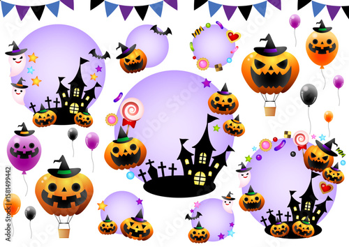 ハロウィンアイコンセット、紫、気球、かわいい、イラスト、立体