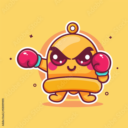 Smiling yellow bell character mascot playing boxing sport isolated cartoon