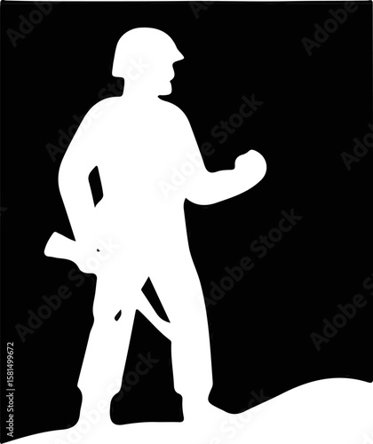 Silhouette of a confident soldier holding a rifle, standing in alert posture with helmet. Strong symbolism for security, bravery, patriotism, and combat readiness in military-themed vector design