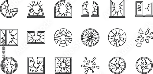 Vector art of a series of broken glass and window illustrations depict damage and destruction