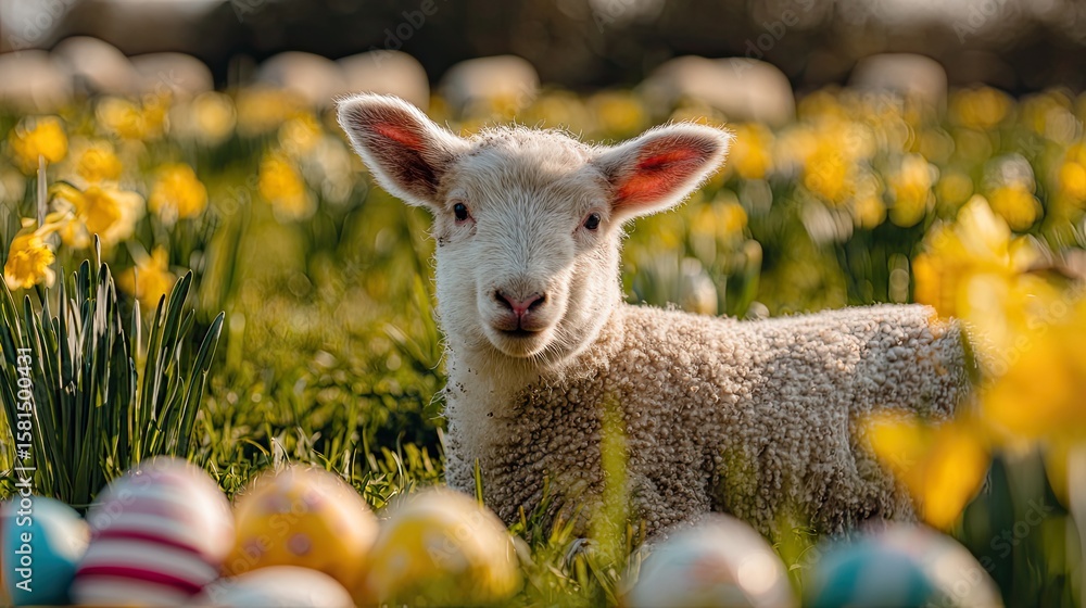 Fototapeta premium Lamb resting in daffodil meadow during springtime