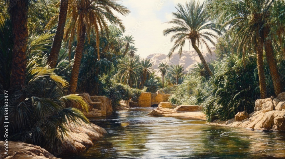 Fototapeta premium Sun-drenched oasis with palm trees lining a clear stream. Lush vegetation and rocks flank a tranquil waterway, leading to a backdrop of mountains
