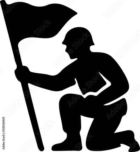 Silhouette of soldier sprinting while holding a waving flag. Perfect for urgency, patriotism, and battlefield symbolism.