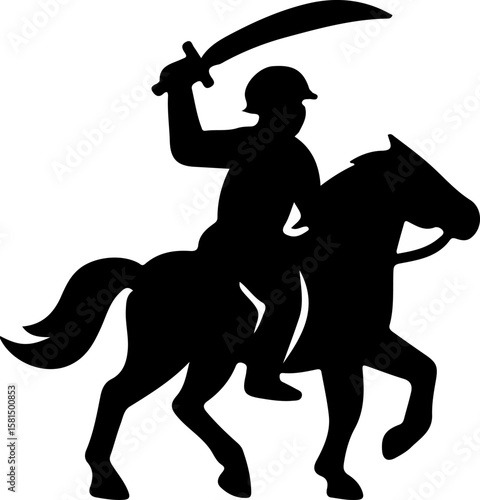 Silhouette of a cavalry warrior raising a sword while riding fast. Ideal for themes of bravery, combat, and strength