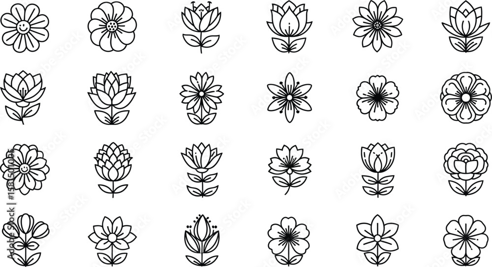 Fototapeta premium Vector art of a collection of minimalist flower icons, each uniquely designed to capture the essence of floral beauty and botanical elegance, isolated on white background
