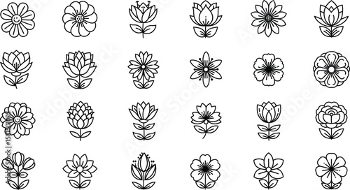 Vector art of a collection of minimalist flower icons, each uniquely designed to capture the essence of floral beauty and botanical elegance, isolated on white background