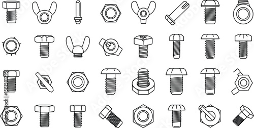 Vector art of a set of various bolts, nuts, and screws in outline style, isolated on white background, perfect for illustrating construction and repair