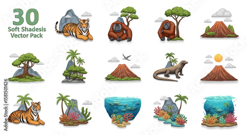 Collection of vector illustrations featuring diverse wildlife, including tigers, orangutans, and a komodo dragon, along with natural elements like mountains,...