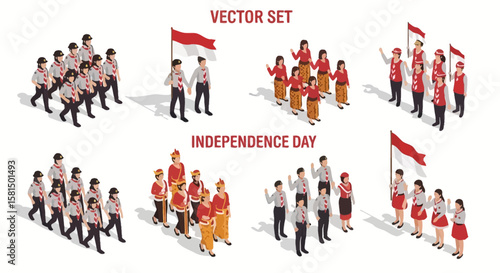 Isometric vector set showing groups of people in various traditional Indonesian clothing, some holding the Indonesian flag, celebrating Independence Day.