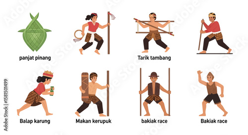 Depiction of various Indonesian traditional games and activities, showcasing cultural celebrations.