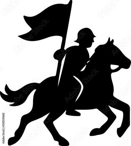 Silhouette of heroic rider waving a flag on horseback, symbolizing motion, unity, and battlefield presence