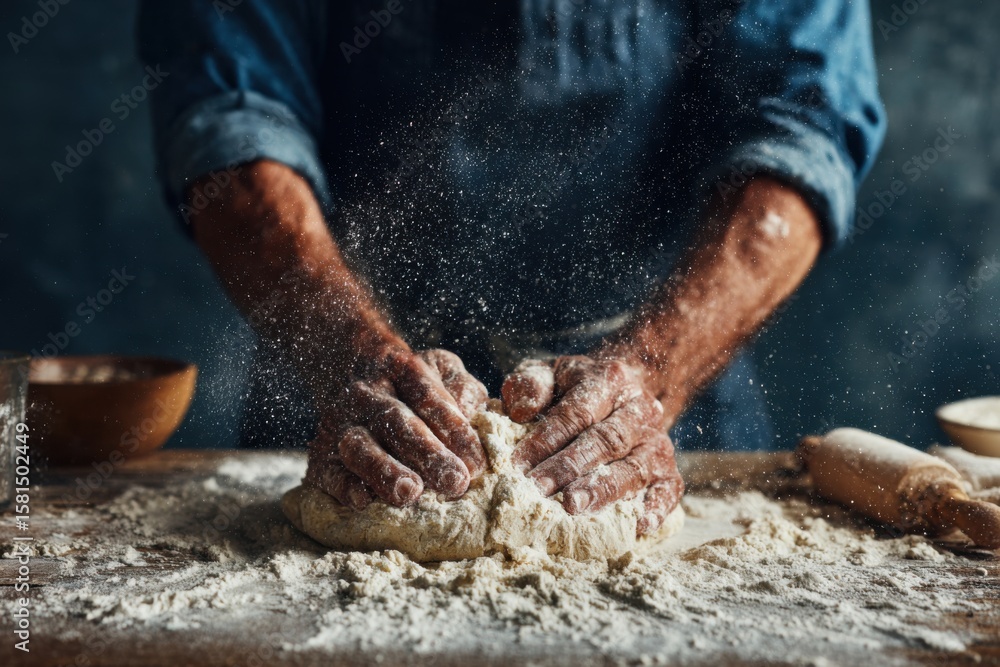 Fototapeta premium Hand Kneading Dough for Fresh Bread in Rustic Kitchen Setting