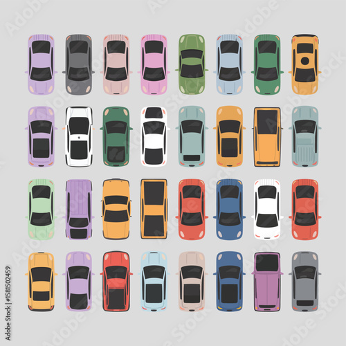 A colorful collection of diverse cars viewed from directly above in a grid pattern