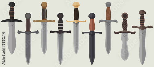 Collection of eight different medieval swords with varied handles and blades
