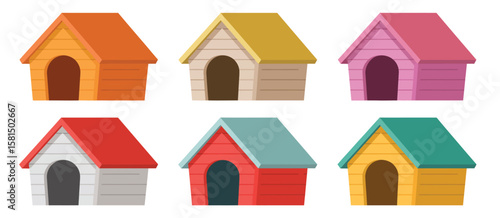 Collection of six colorful cartoon dog houses with arched doorways on a white background