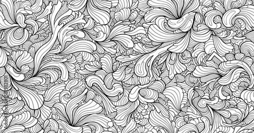 An intricate, hand-drawn, black and white pattern of swirling leaves and floral elements.