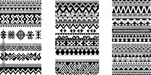 A collection of various black and white ethnic and tribal patterns in a grid layout.