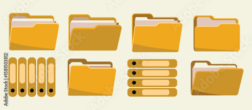 Collection of flat design yellow file folders and binders for organization and archiving