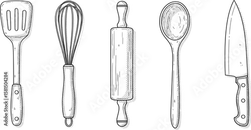 A collection of hand-drawn doodle icons of various kitchen utensils, like a spatula, whisk, and rolling pin.