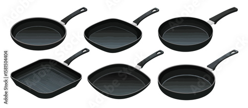 Collection of six black frying pans and grill pans with handles on a white background